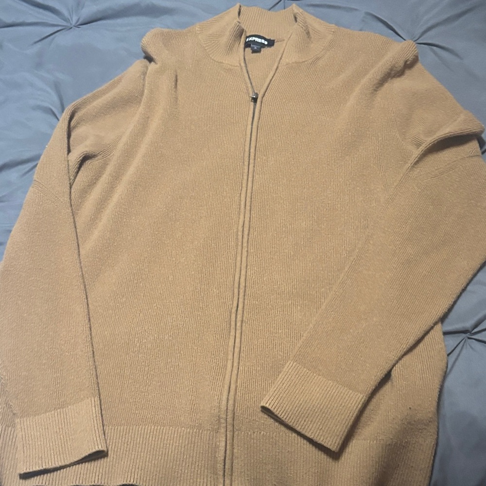 Express Men's Camel Zip-Up Sweater